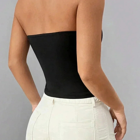 Black Casual Women's Summer Strapless Wavy Hollow Out Slim Fit Top - Picture 2 of 5